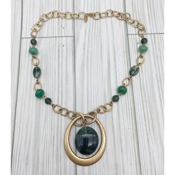 Lia Sophia Gold Tone & Green Chunky Chain Pendant Necklace Statement Boho 18" - Picture 8 of 9